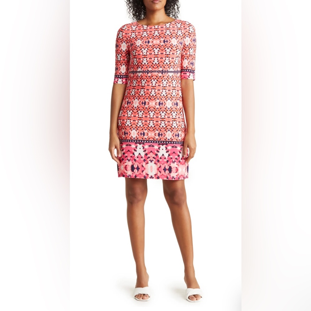 Eliza J Ikat Geometric Shift Pink & Orange Mulit Print Dress Sz 6 NEW! With Tags